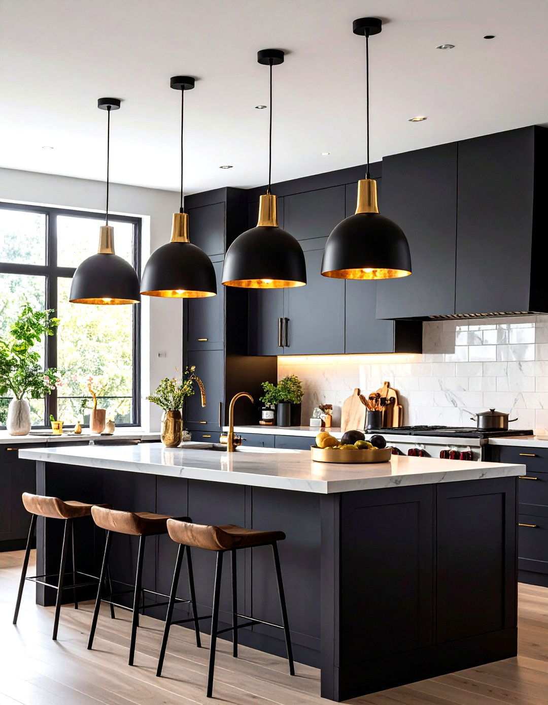 Black Exterior Gold Interior Pendant Lights - 20 Black and Gold Kitchen Ideas