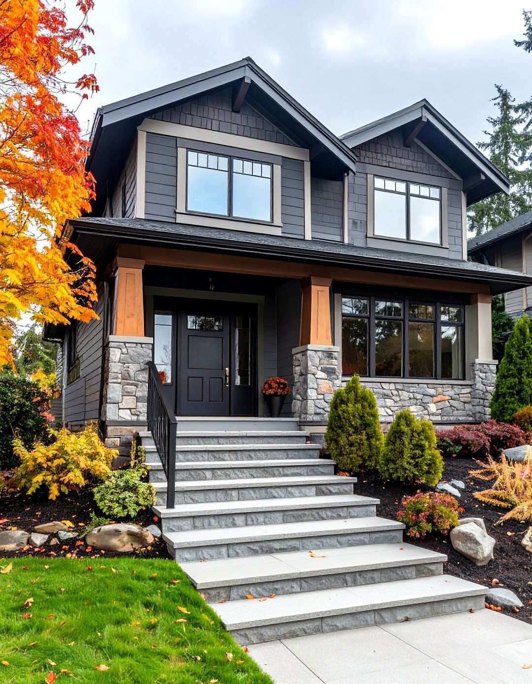 Black Farmhouse Meets Stone Skirt - 20 Black Modern Farmhouse Exterior Design Ideas