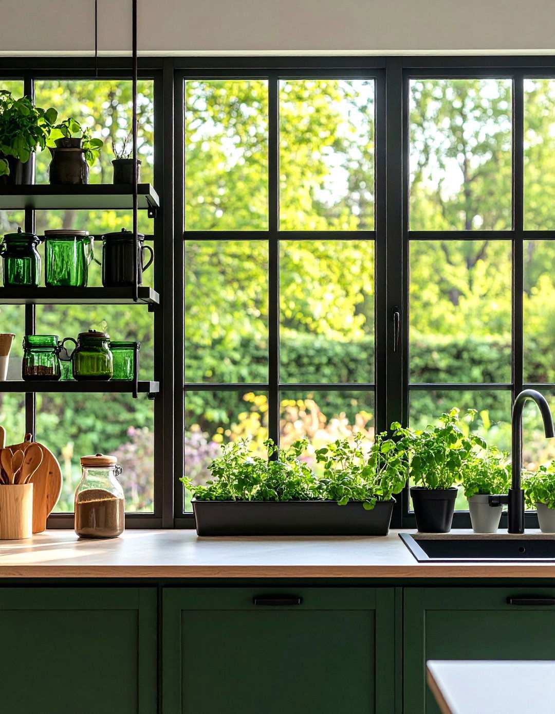 Black Framed Window Kitchen Overlooking Verdant Garden - 20 Black and Green Kitchen Ideas