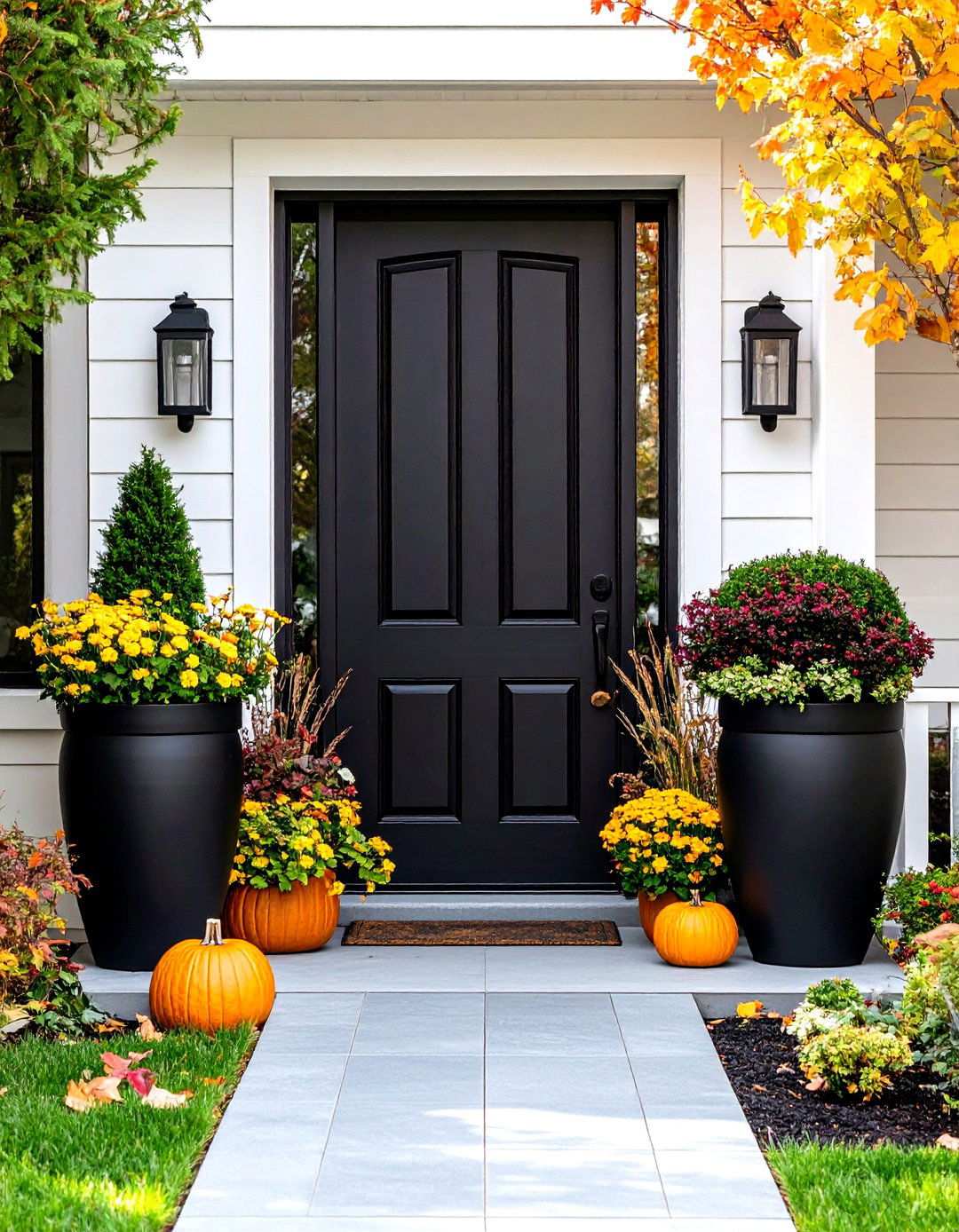 Black Front Door Flanked by Oversized Planters - 20 Black Front Door Ideas