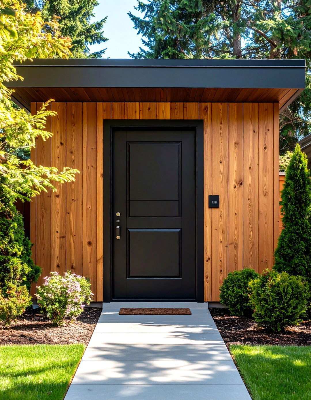 Black Front Door Framed by Timber Cladding - 20 Black Front Door Ideas