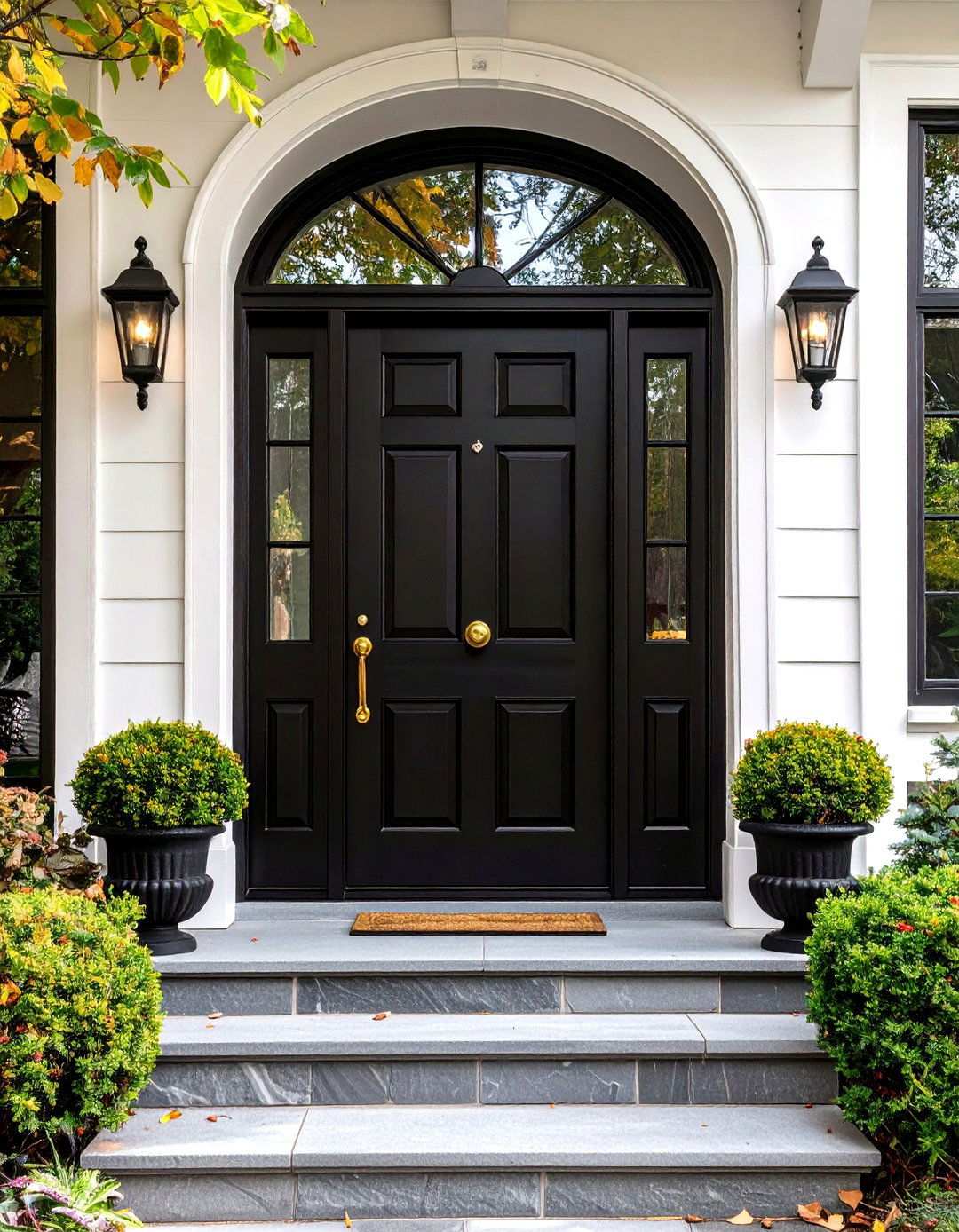 Black Front Door with Satin Brass Accents - 20 Black Front Door Ideas