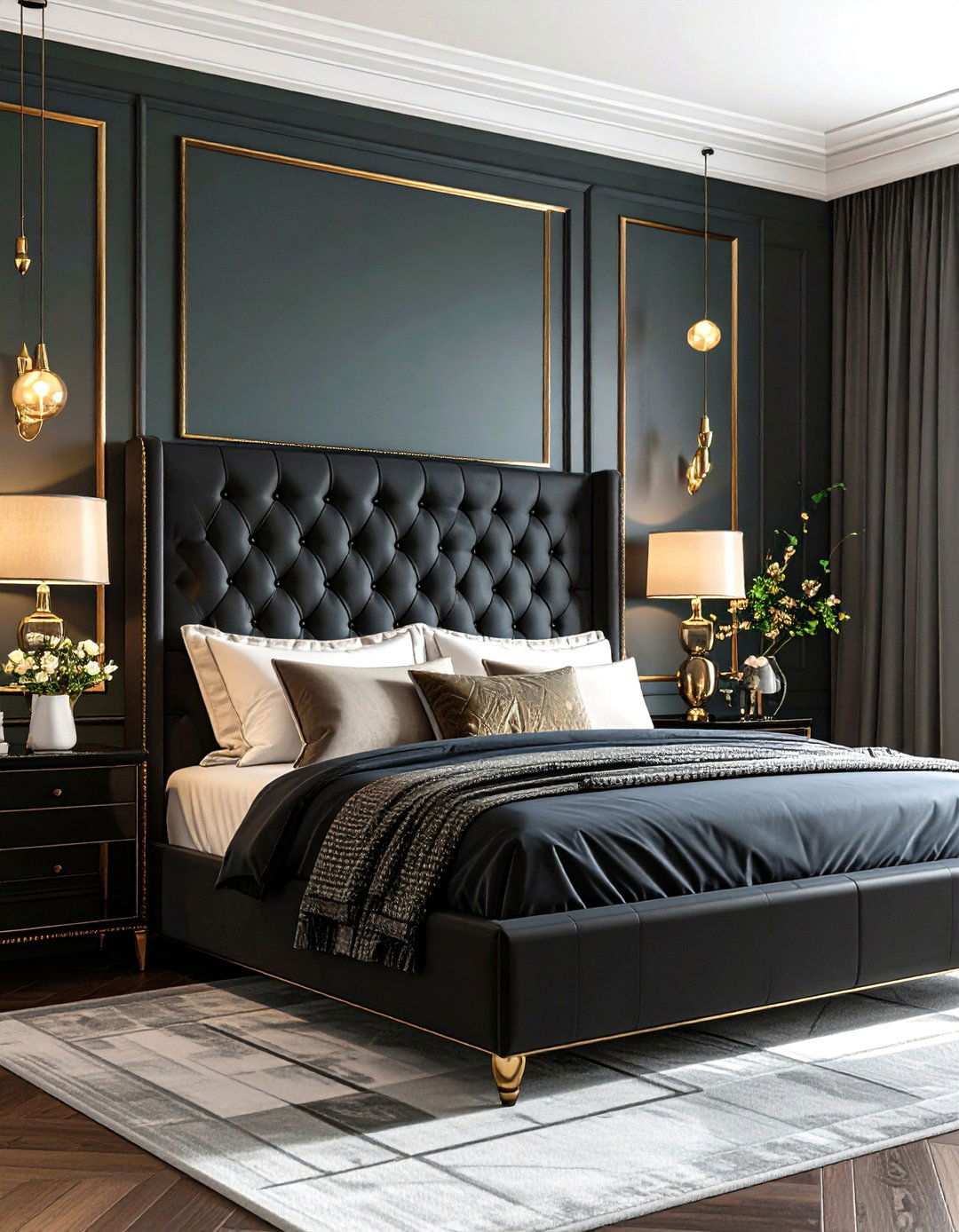 Black Headboard with Mirrored Accents Reflective Glamour - 20 Black Headboard Bedroom Ideas