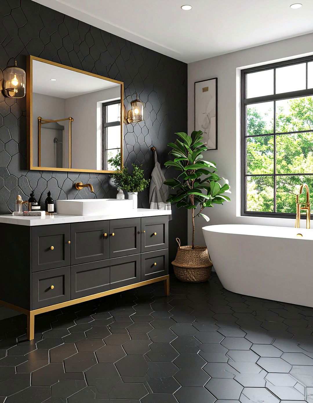 Black Hexagon Tiles with Warm Brass Accents - 20 Black Floor Bathroom Ideas