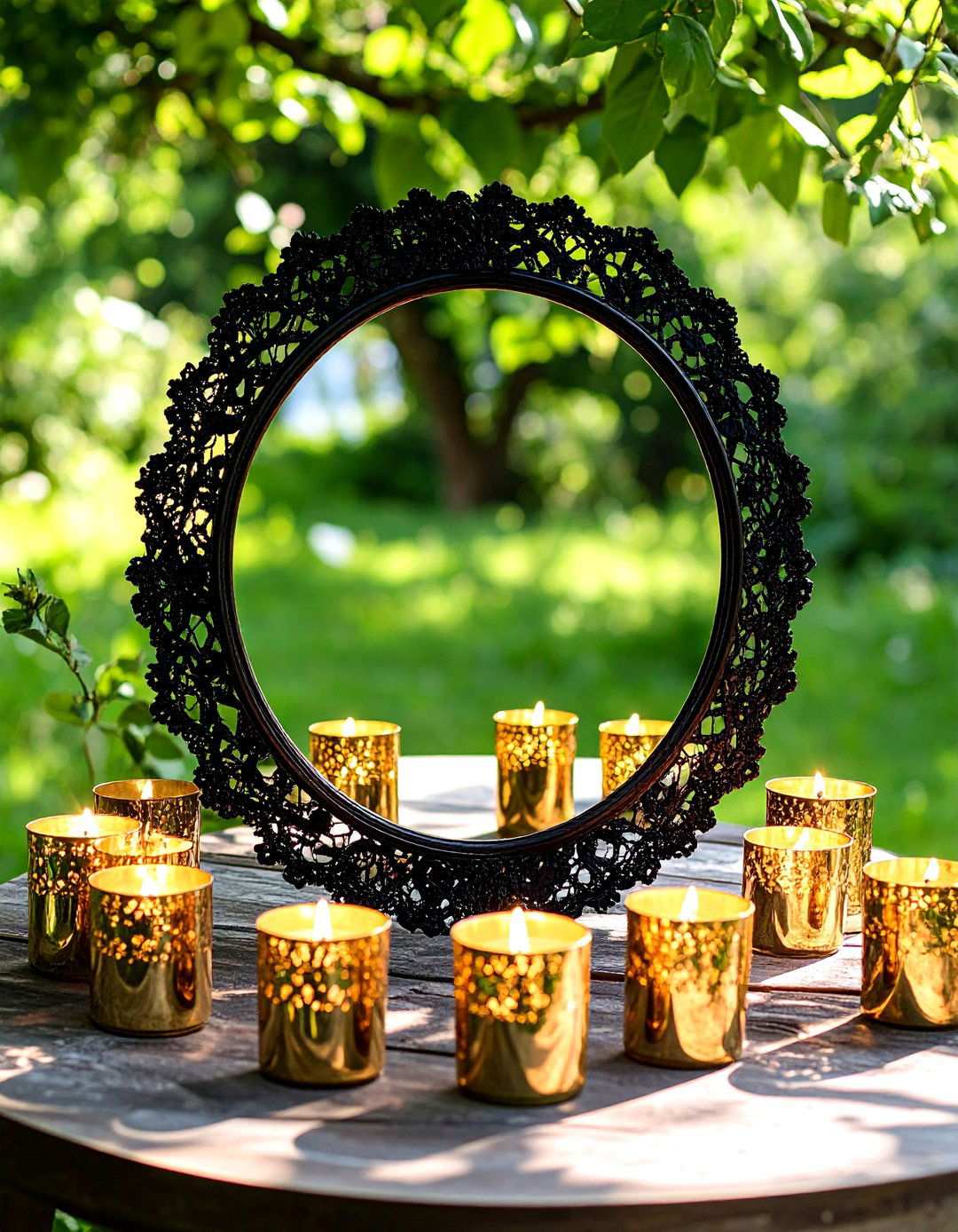 Black Lace and Gold Mirror Centerpiece - 20 Black and Gold Centerpiece Ideas