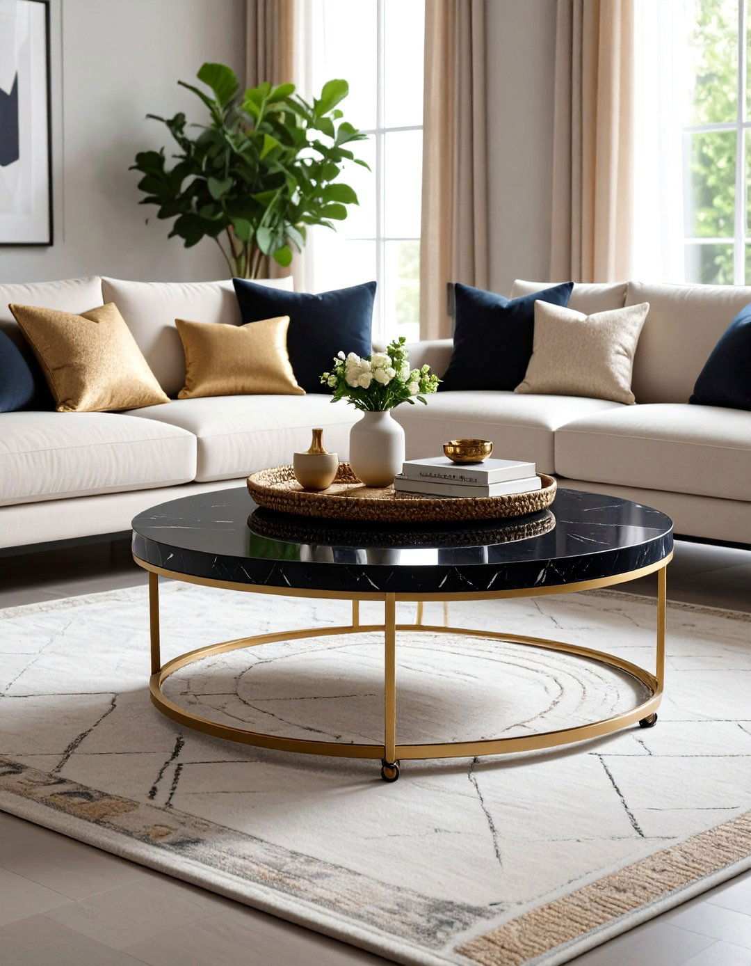 Black Marble Coffee Table with Brass Inlay - 20 Black and Gold Living Room Ideas