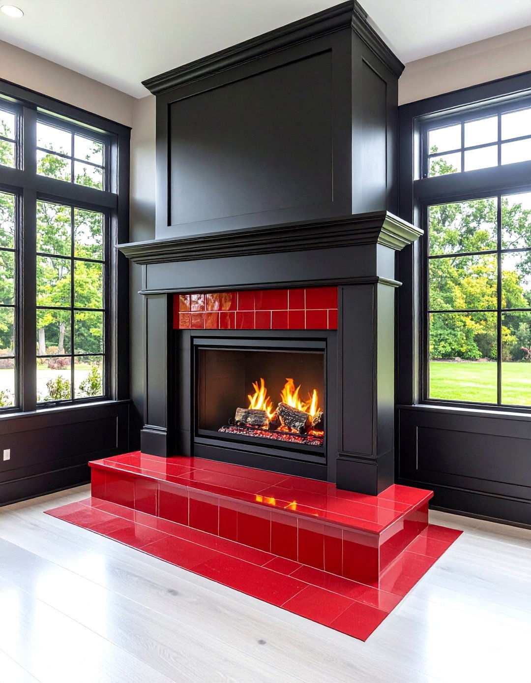 Black Paneled Fireplace with Red Tiles - 20 Black and Red Living Room Ideas