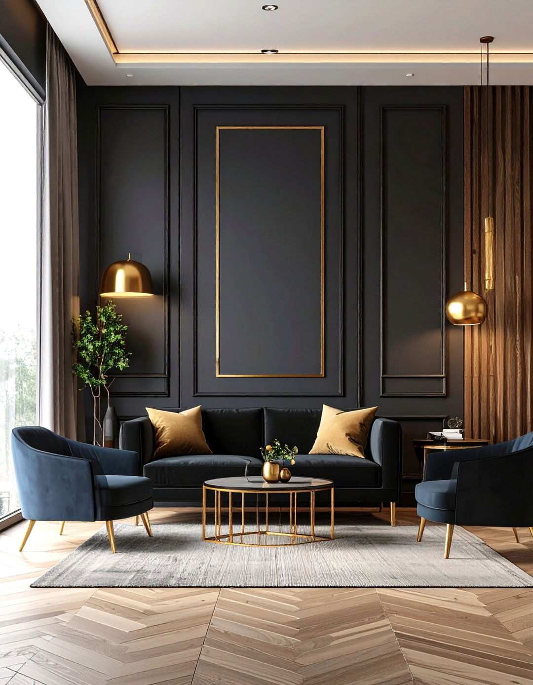 Black Paneled Walls with Gold Picture Rails - 20 Black and Gold Living Room Ideas
