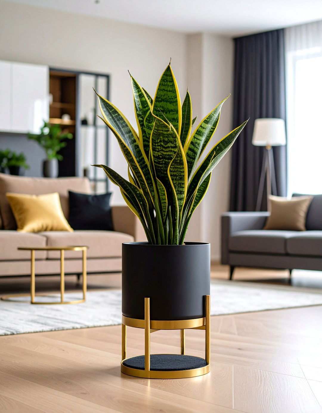 Black Planters on Gold Stands for Living Greenery - 20 Black and Gold Living Room Ideas