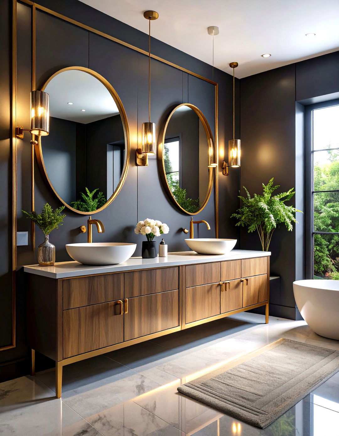 Black Powder Room with Brass Fixtures and Hardware - 20 black powder room ideas