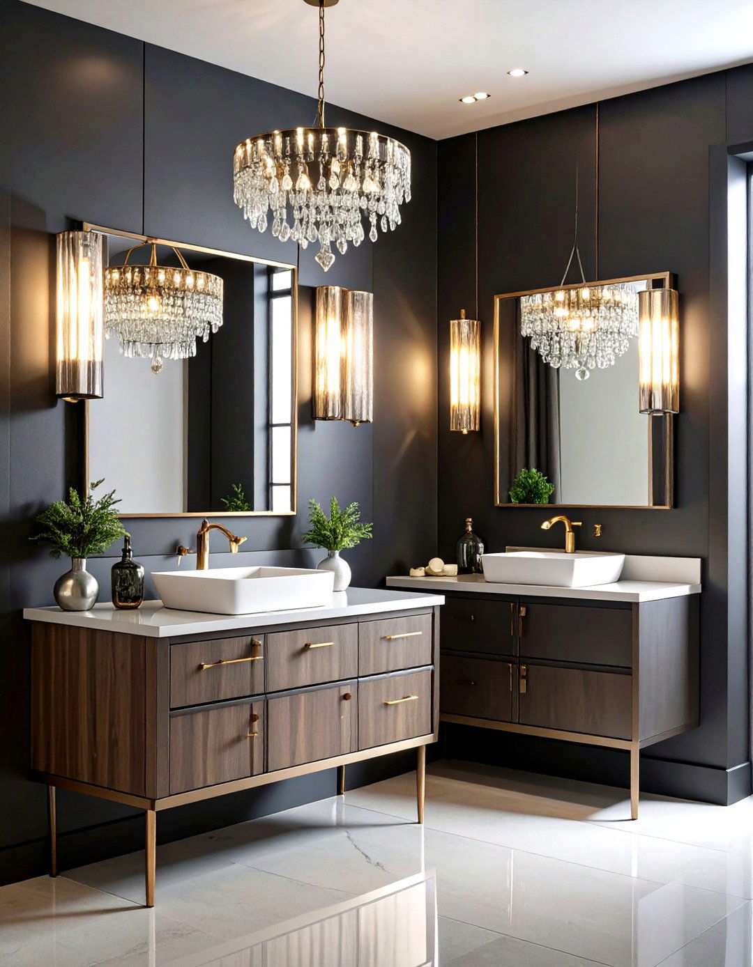 Black Powder Room with Crystal and Glass Lighting - 20 black powder room ideas