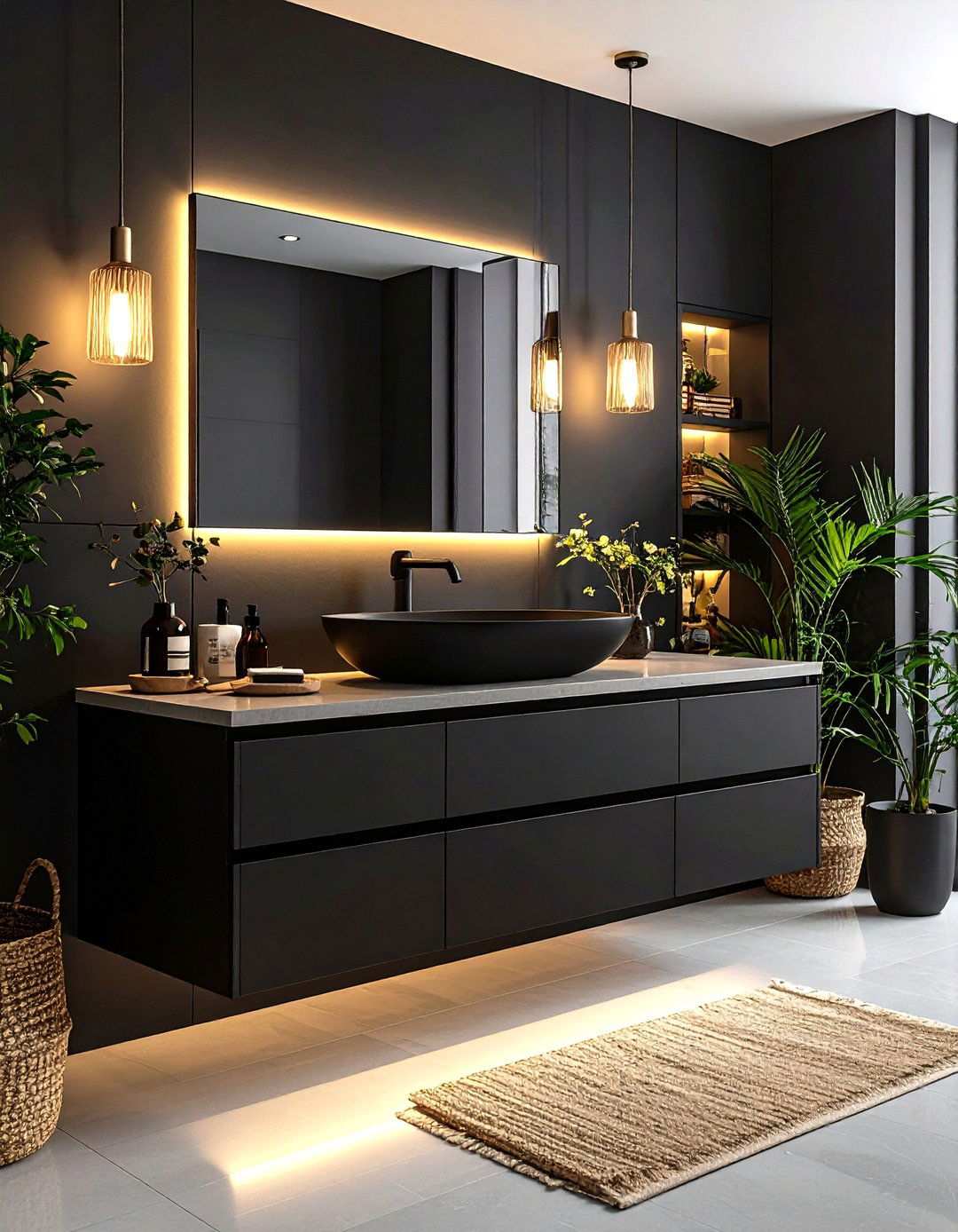 Black Powder Room with Floating Vanity Design - 20 black powder room ideas