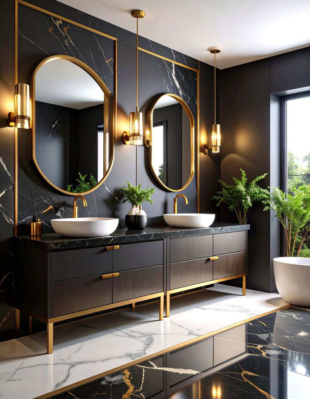 Black Powder Room with Gold Metallic Accents - 20 black powder room ideas