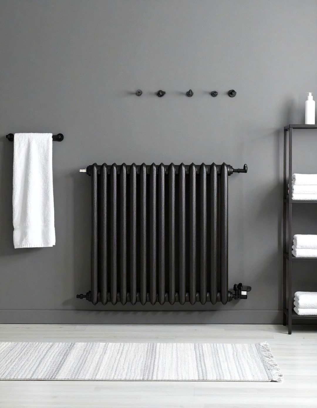 Black Radiator Against a Pewter Grey Bathroom Wall - 20 Black and Grey Bathroom Ideas