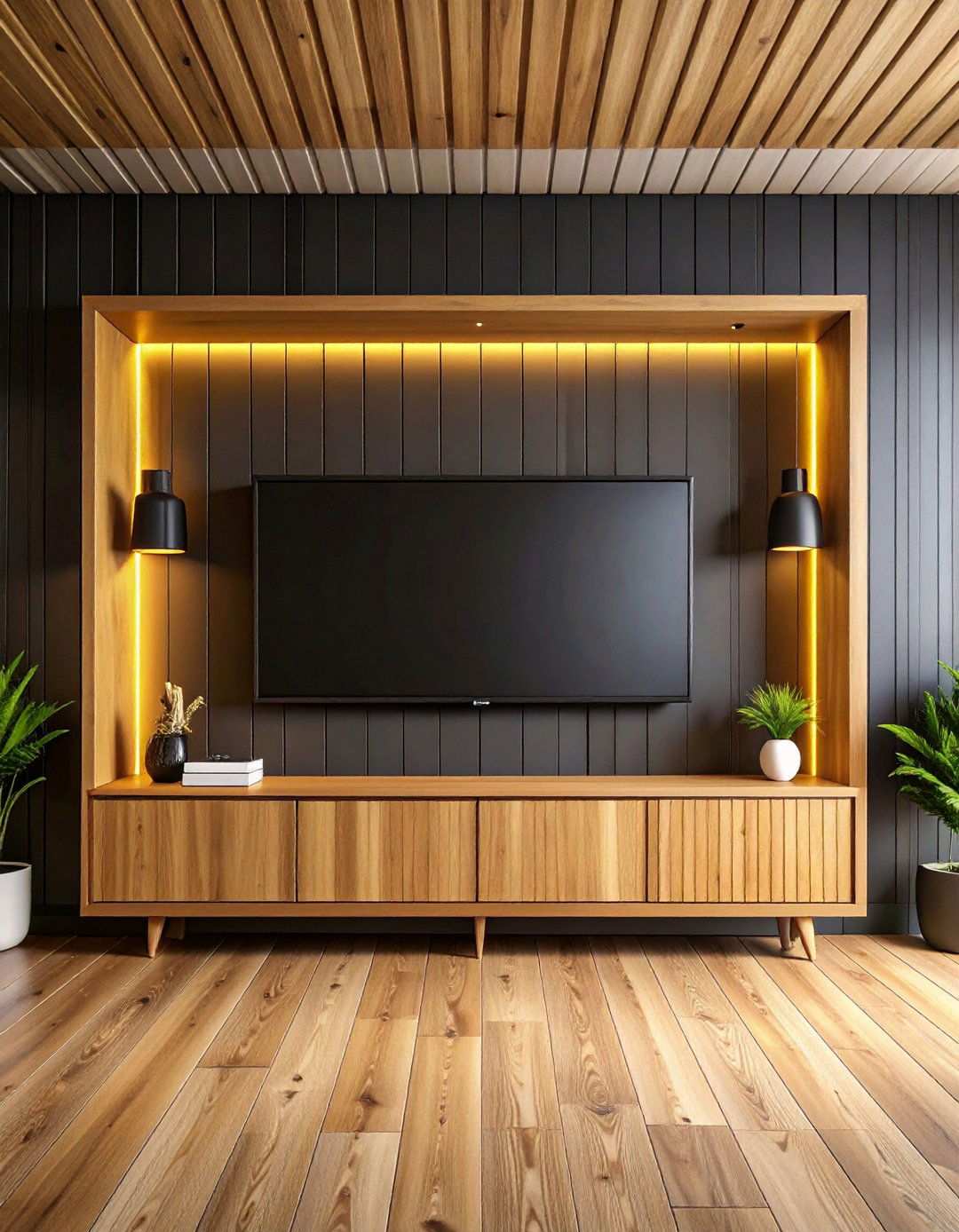 Black Shiplap Frame TV Gallery Wall - 20 Black Shiplap Wall Ideas