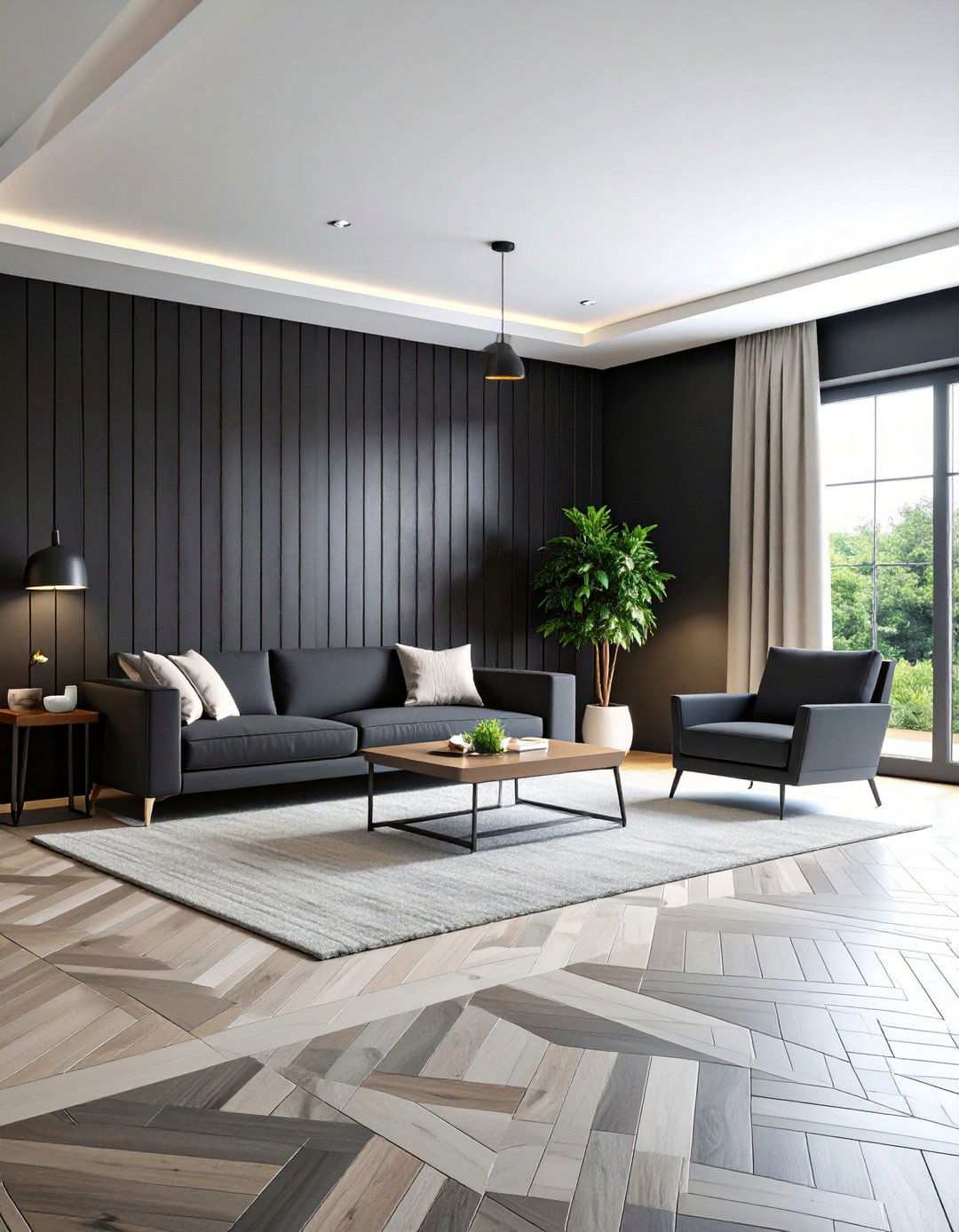 Black Shiplap with Graphic Floor Tile - 20 Black Shiplap Wall Ideas