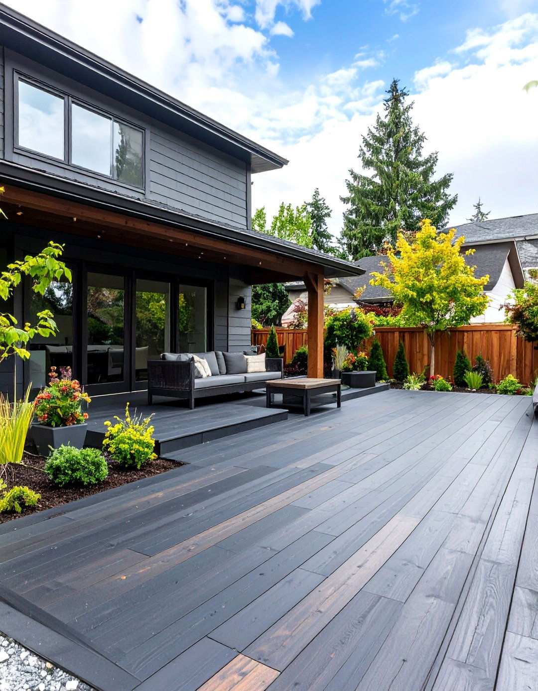 Black Stamped Concrete Patio with Wood Plank Pattern - 20 black concrete patio ideas