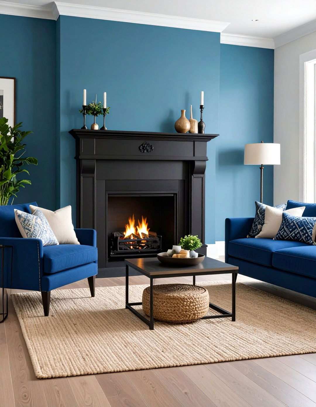 Black Statement Fireplace Blue Tile Surround - 20 Black and Blue Living Room Ideas