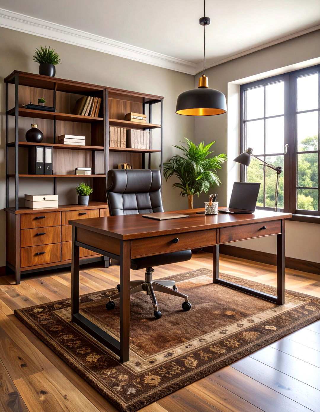 Black Steel Shelving and Mahogany Desk in a Productive Office - 20 Black and Brown Interior Design Ideas