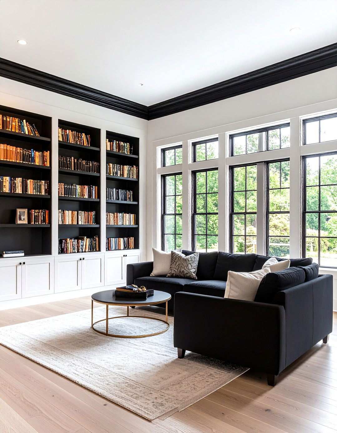 Black Trim Frames the Living Room - 20 Black and White Living Room Ideas