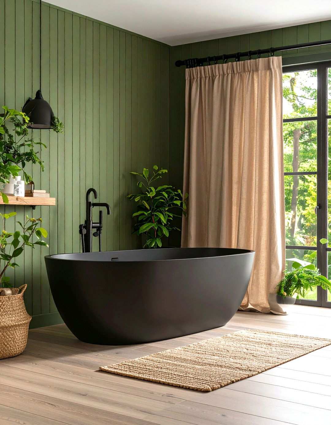 Black Tub on Olive Statement Wall - 20 Black and Green Bathroom Ideas