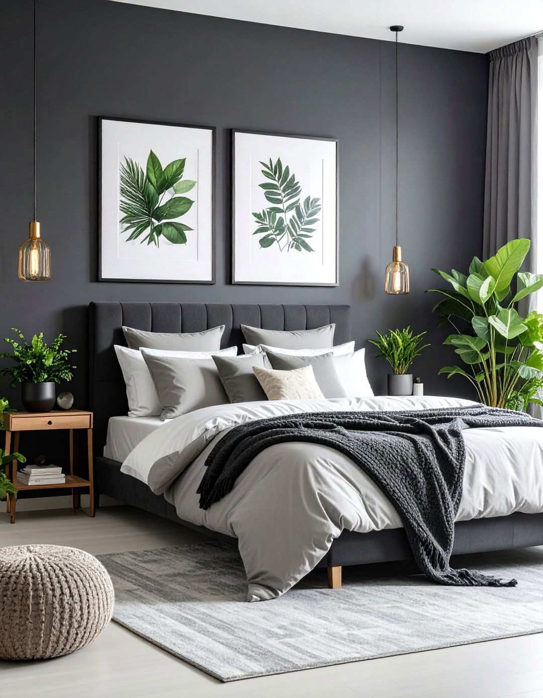 Black Walls Framing Silver Botanical Artwork - 20 Black and Silver Bedroom Ideas