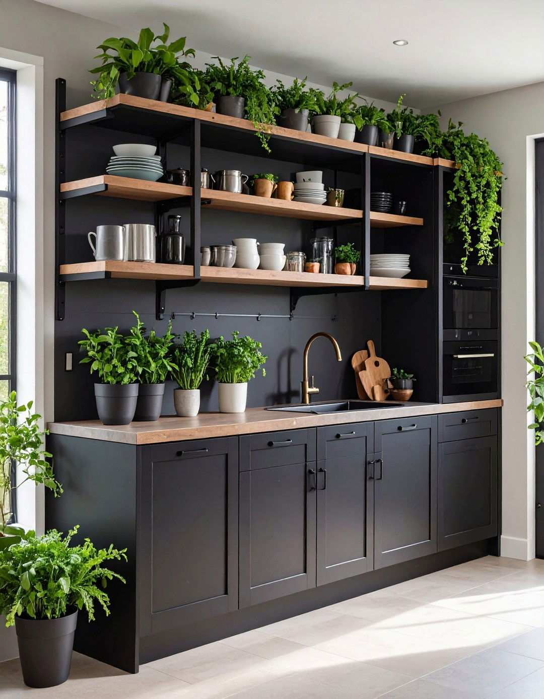 Blend Black Cabinets With Open Shelving - 20 Black Kitchen Cabinet Ideas