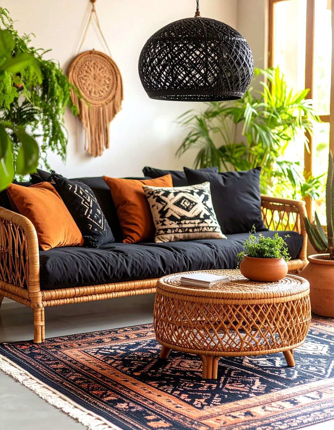 Boho Layering Black Pattern and Brown Rattan - 20 Black and Brown Interior Design Ideas
