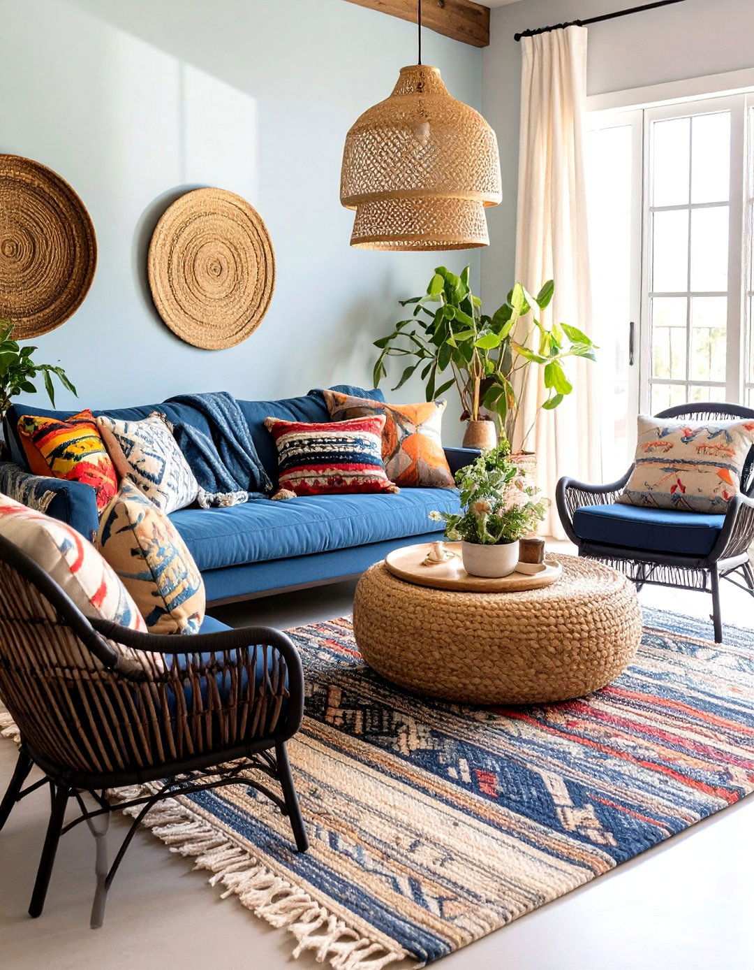 Boho Layers Denim Blues and Black Wicker - 20 Black and Blue Living Room Ideas