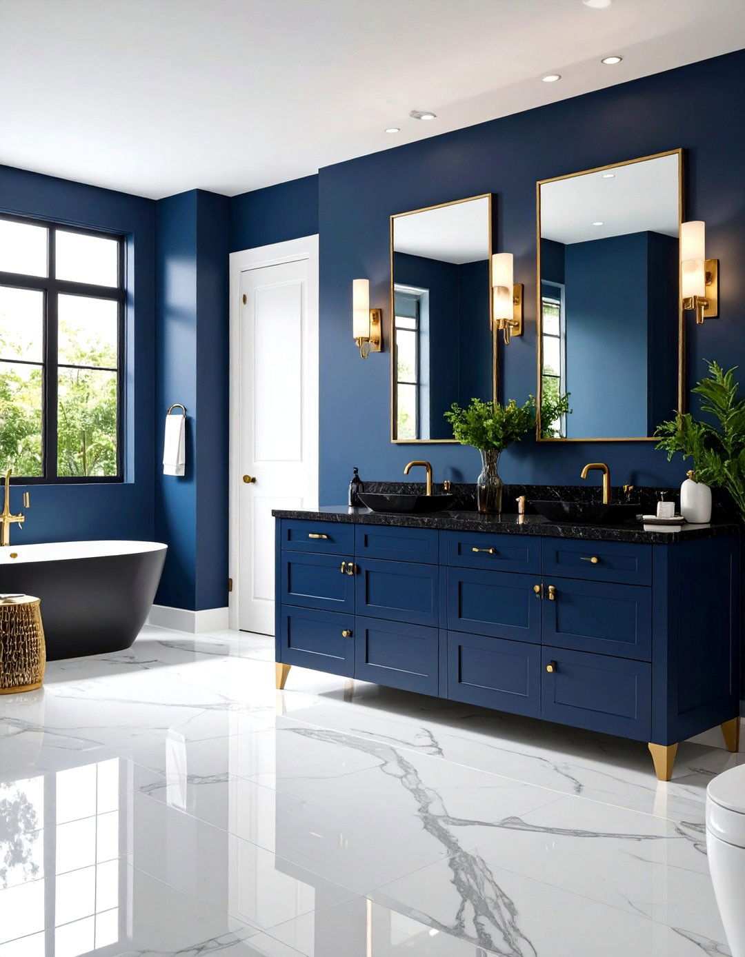 Bold Bathroom with Black Countertops and Navy Blue Cabinets - 20 bathroom with black countertops ideas