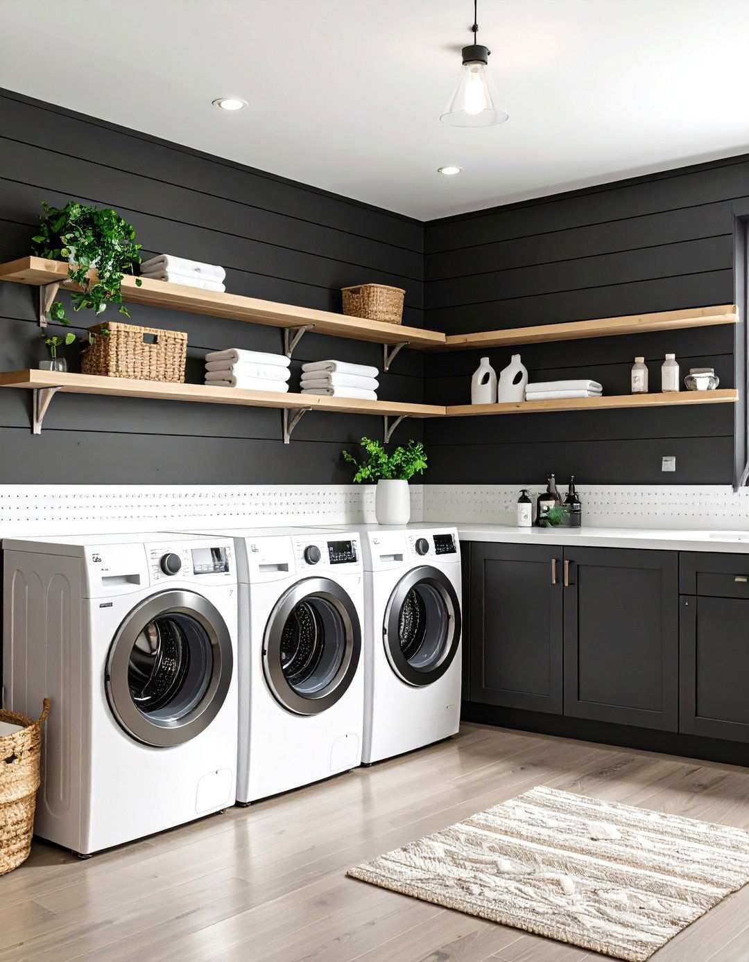 Bold Black Shiplap Accent Wall - 20 Black and White Laundry Room Ideas
