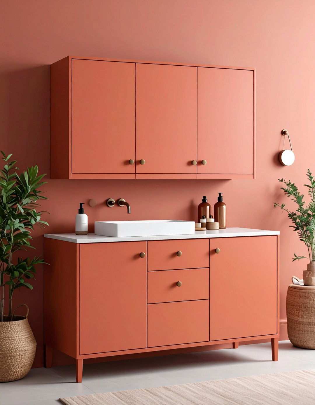 Bold Color Pop Bathroom Cabinet Refreshes Neutral Tiles - 20 Bathroom Cabinet Ideas