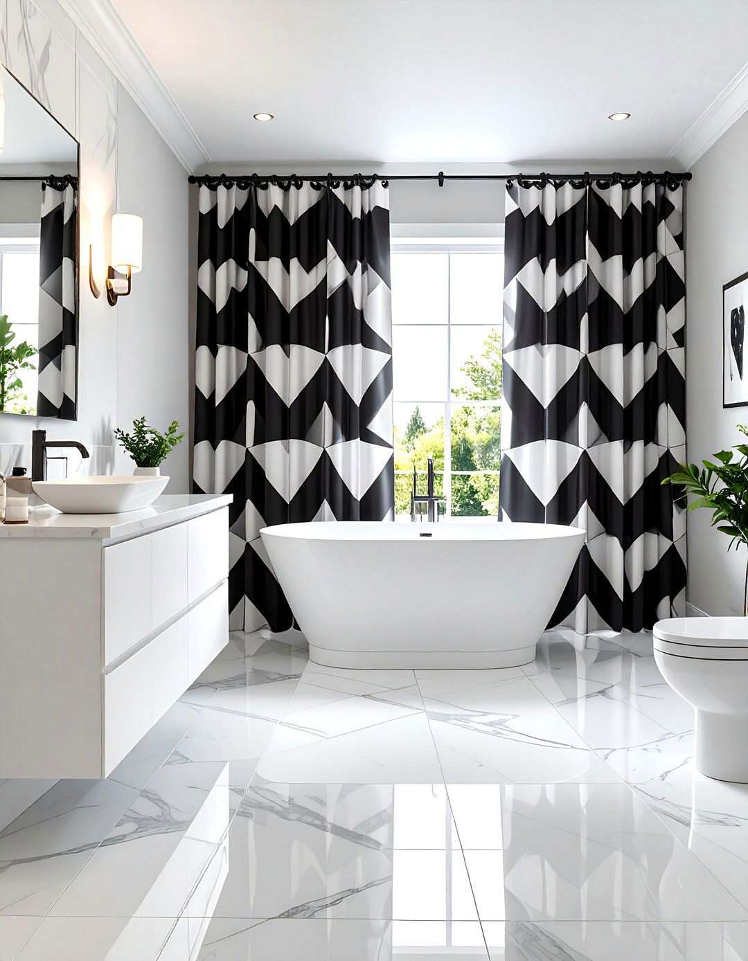 Bold Geometric Pattern Bathroom Curtain Designs - 20 bathroom curtain ideas