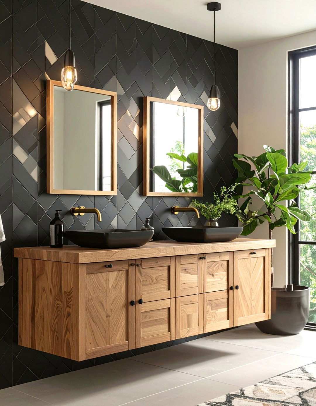 Bold Pattern Play Black Geometric Tile with Butcher Block Counter - 20 Black and Wood Bathroom Ideas
