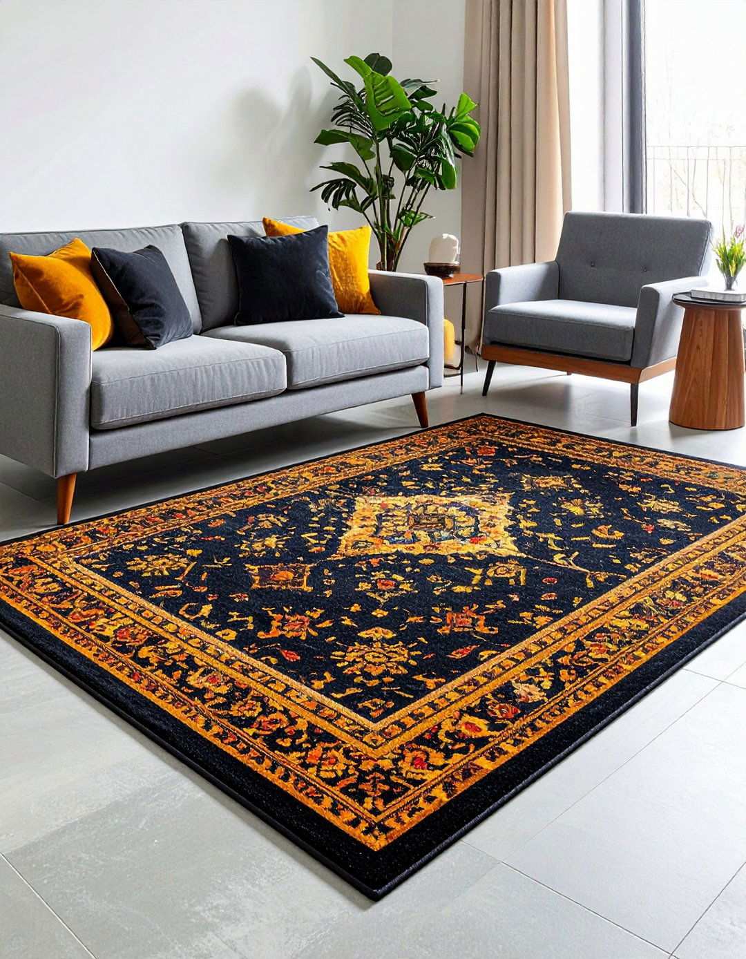 Bold Statement Rug Grounds a Black Man Cave - 20 Black Man Cave Ideas