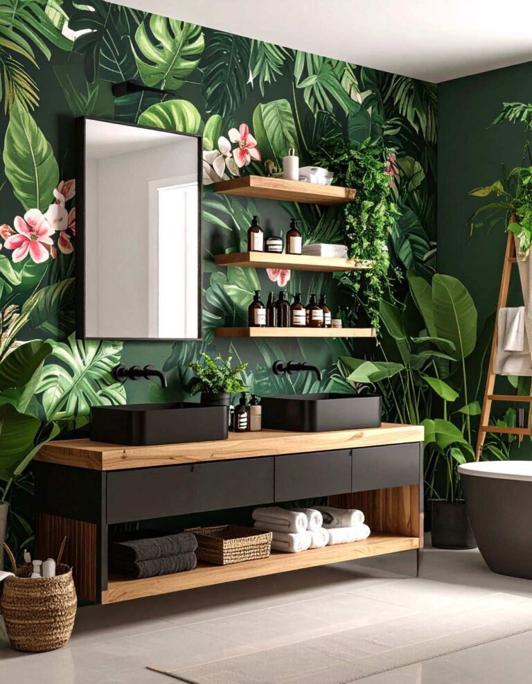 Botanical Burst Wallpaper Retreat - 20 Bathroom Wallpaper Ideas