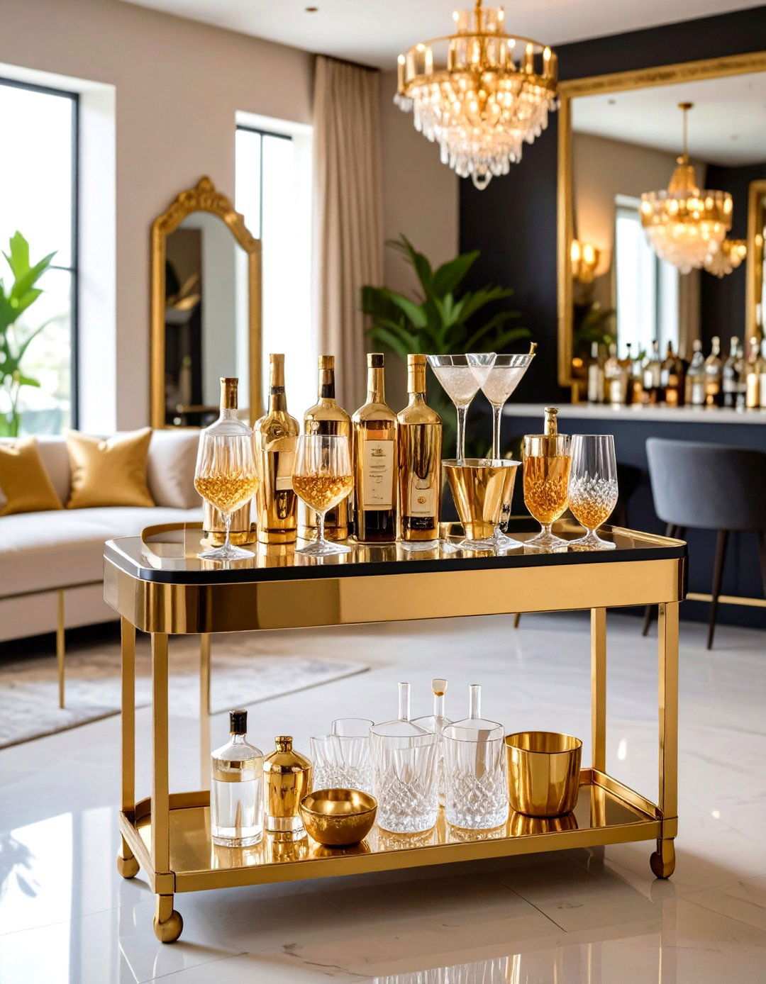 Brass Bar Cart Living Room Setup - 20 1980s Living Room  Ideas