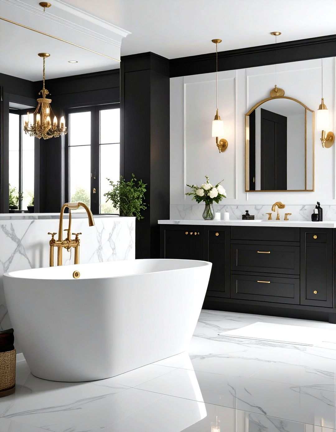 Brass Highlights Add a Golden Touch to a Black and White Bathroom - 20 Black and White Bathroom Ideas
