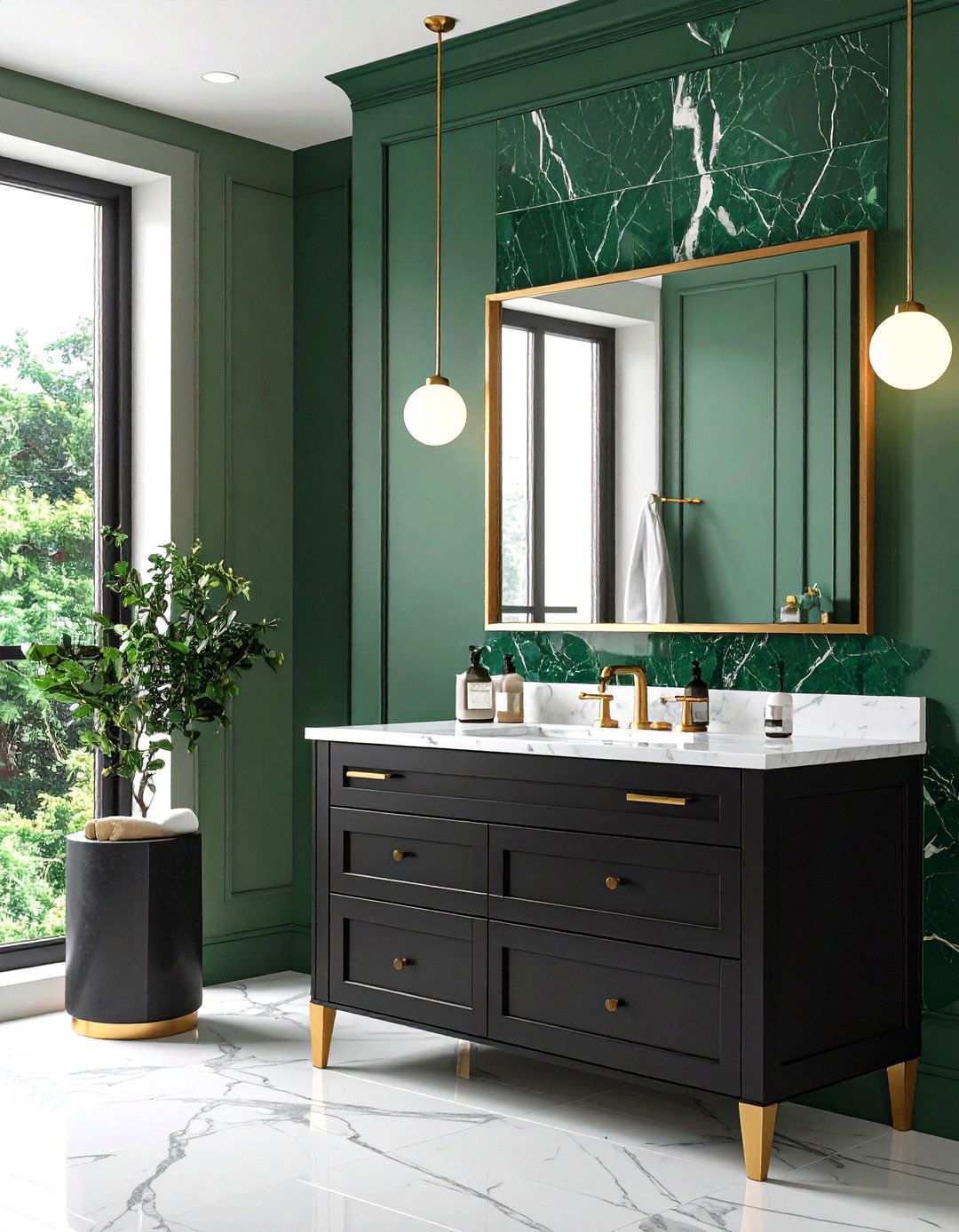 Brass Touches in a Forest Green and Black Palette - 20 Black and Green Bathroom Ideas