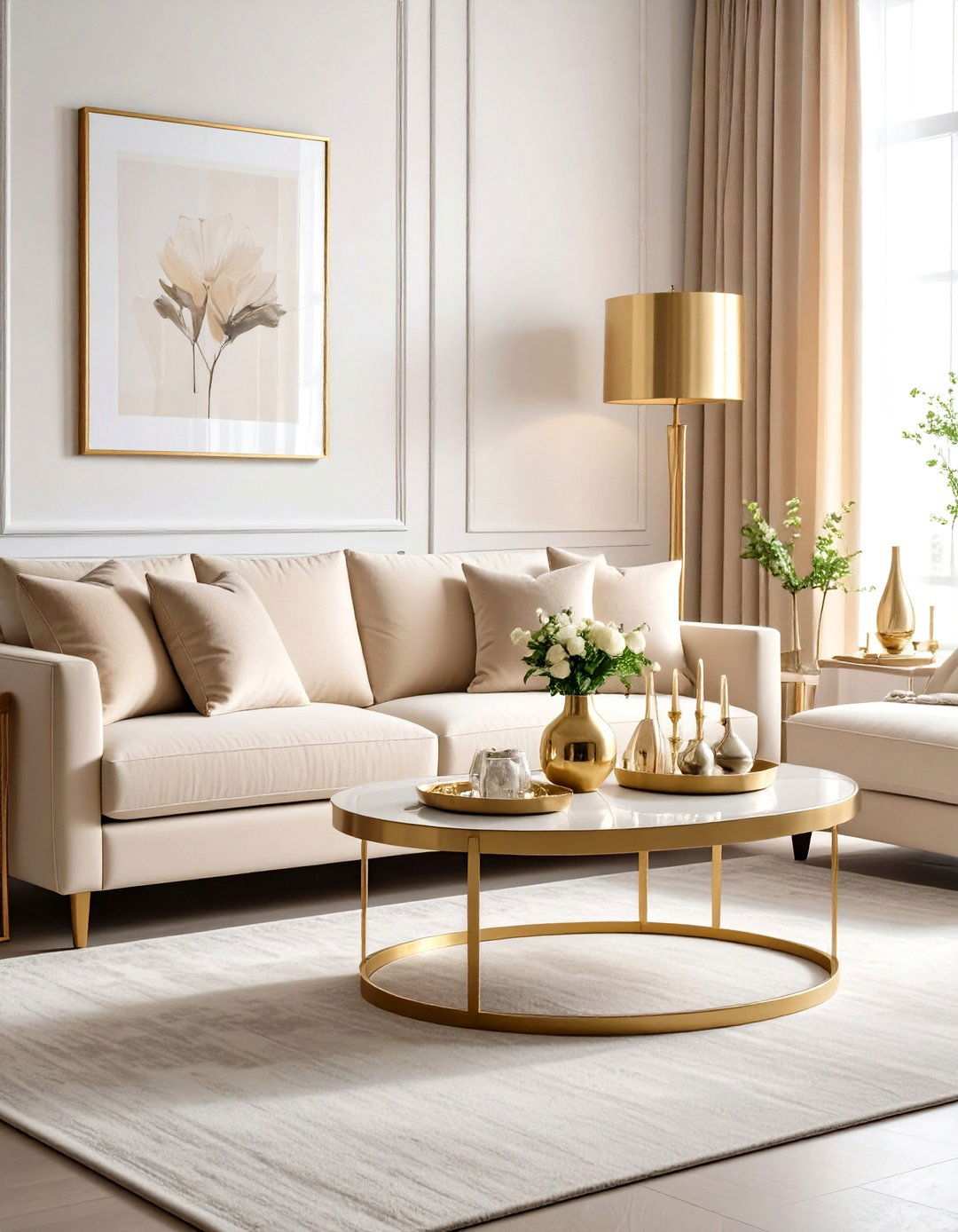 Bring in Metallic Glam Next to a Beige Couch - 20 Beige Couch Living Room Ideas