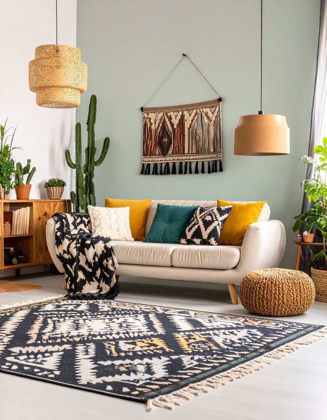 Bring in Southwestern Motifs for Warmth in Black and White Boho Decor - 20 Black and White Boho Living Room Ideas