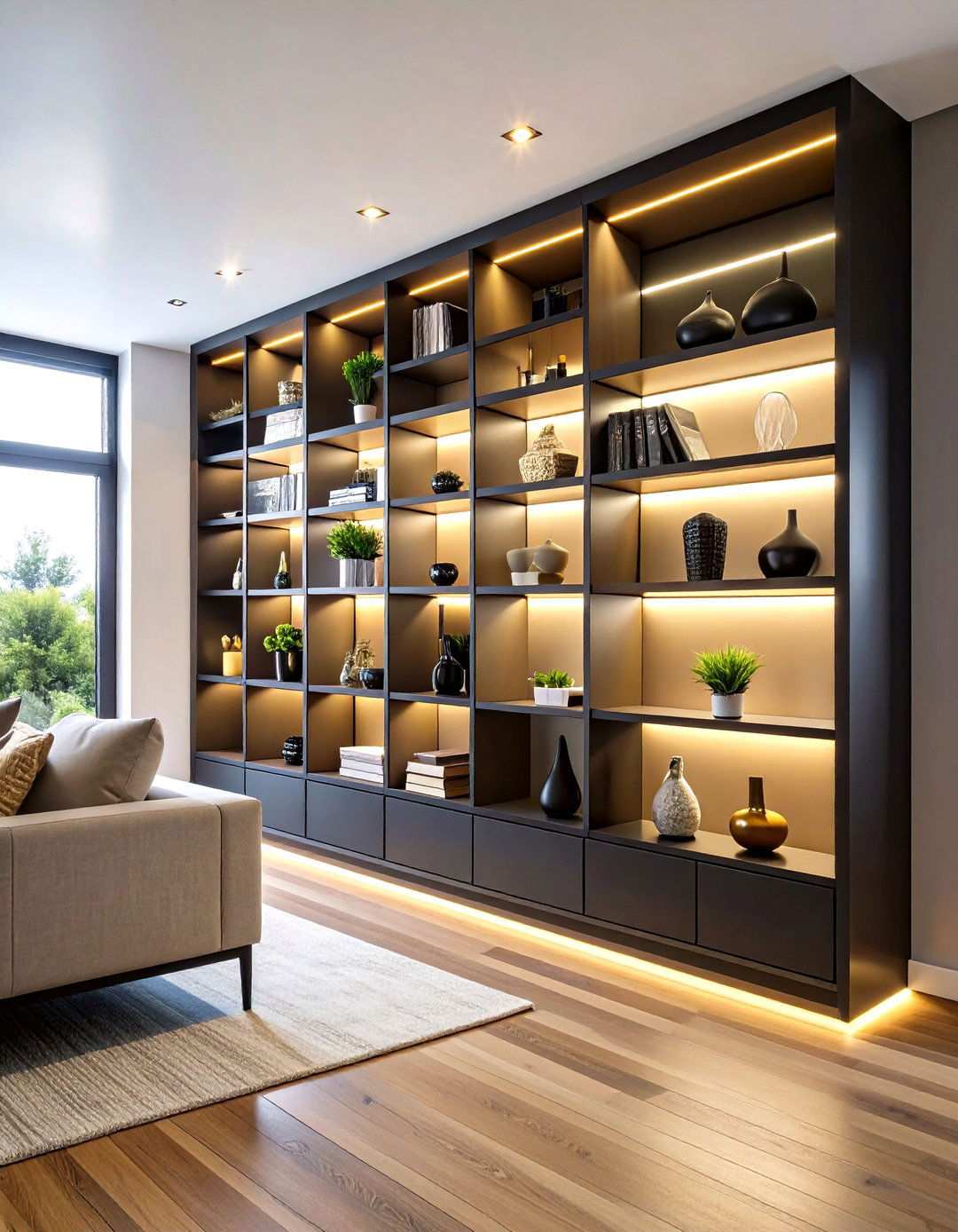 Build Character with Black Built Ins - 20 Black and Beige Living Room Ideas