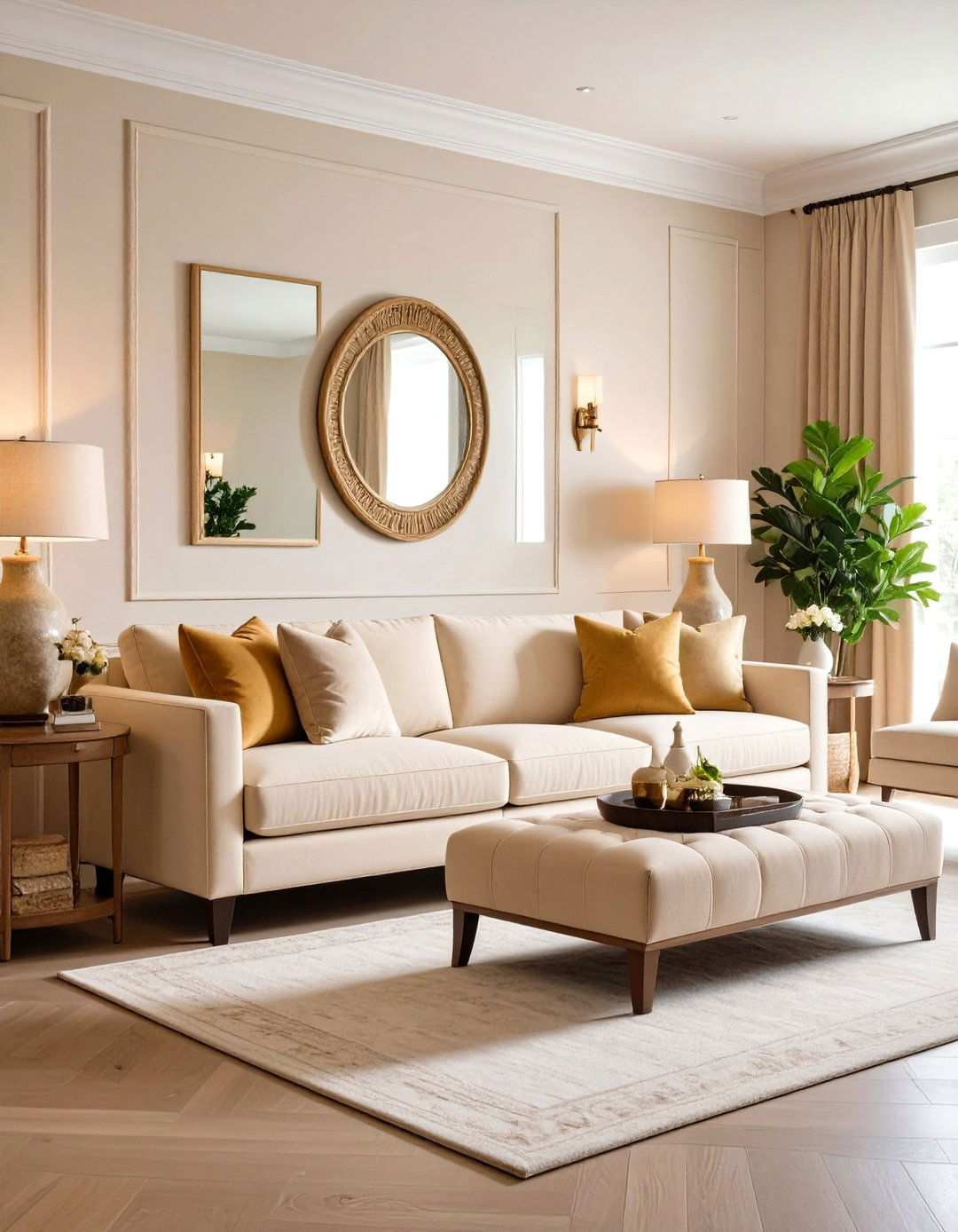 Build Symmetry Around a Beige Couch - 20 Beige Couch Living Room Ideas