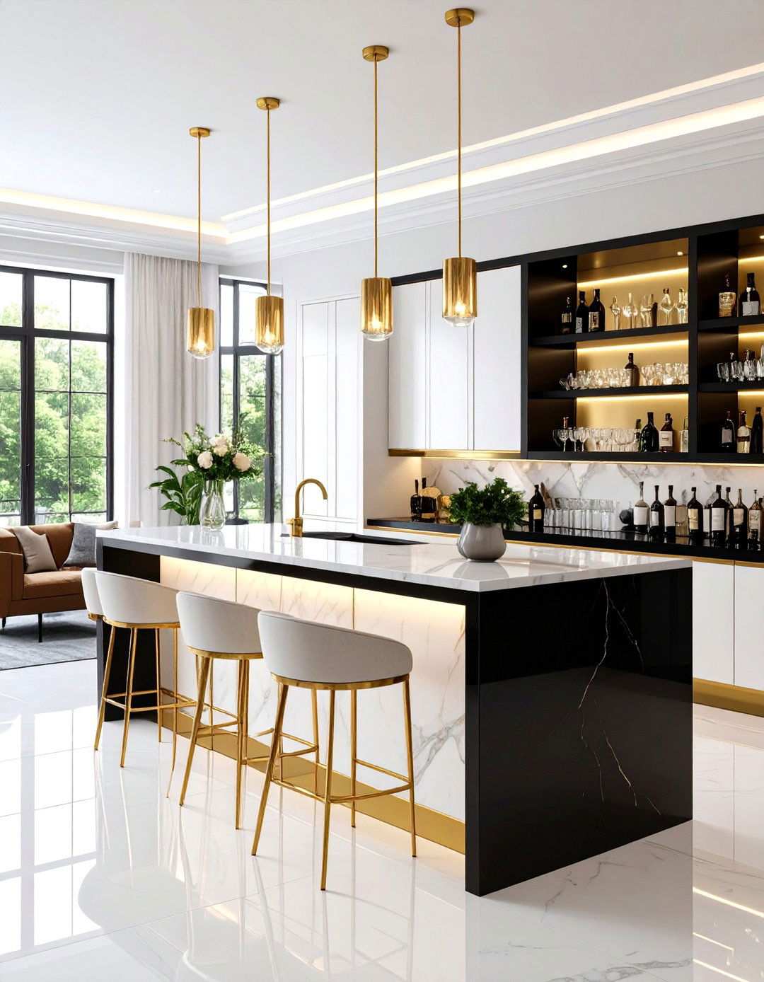 Built In Bar Niche in Onyx with Gold Mirrors - 20 Black and Gold Living Room Ideas