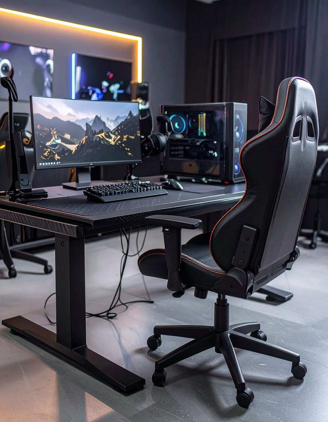 Carbon Fiber Desks Add Texture to a Black Gaming Room - 20 Black Gaming Room Ideas