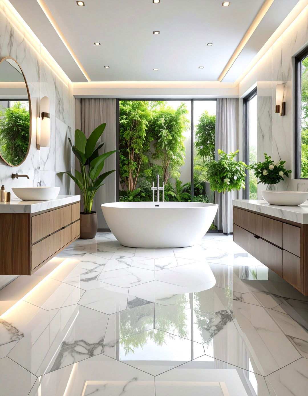 Carrara Marble Bathroom With Hexagon Tile Floor - 20 Bathrooms With Hexagon Tile Floors