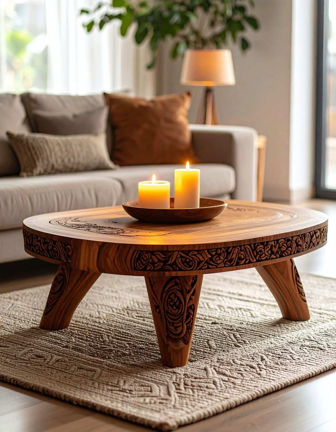 Carved Wood Coffee Tables for Organic Warmth - 20 Black Boho Living Room Ideas