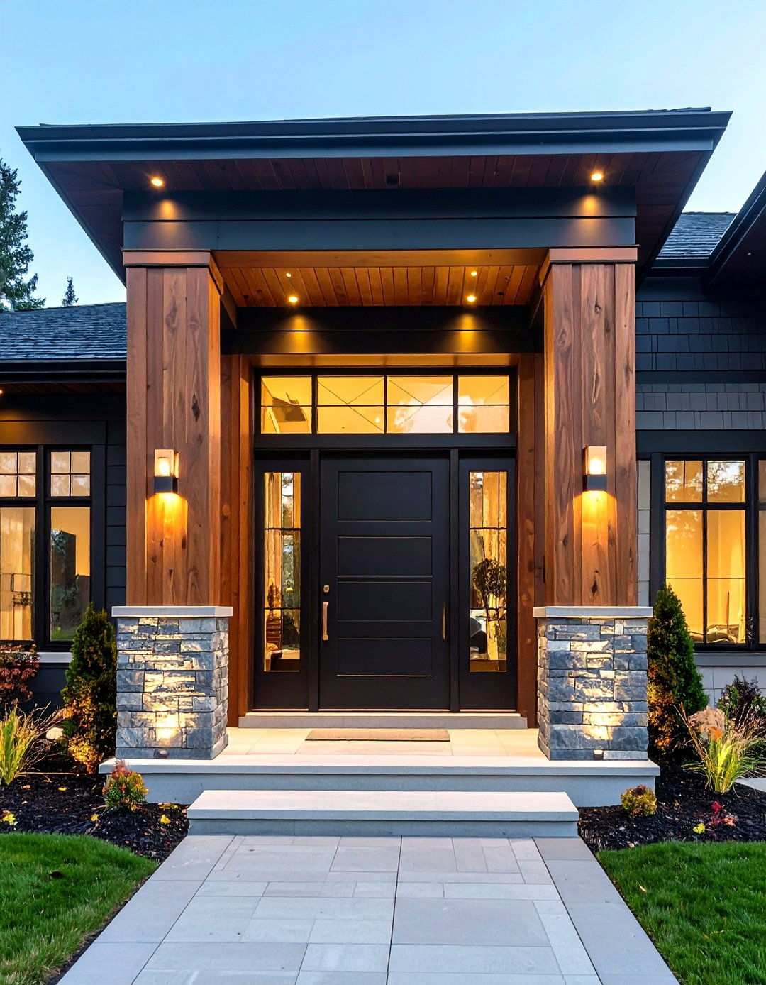 Cedar Columns Frame the Midnight Front Door - 20 Black House With Cedar Accents