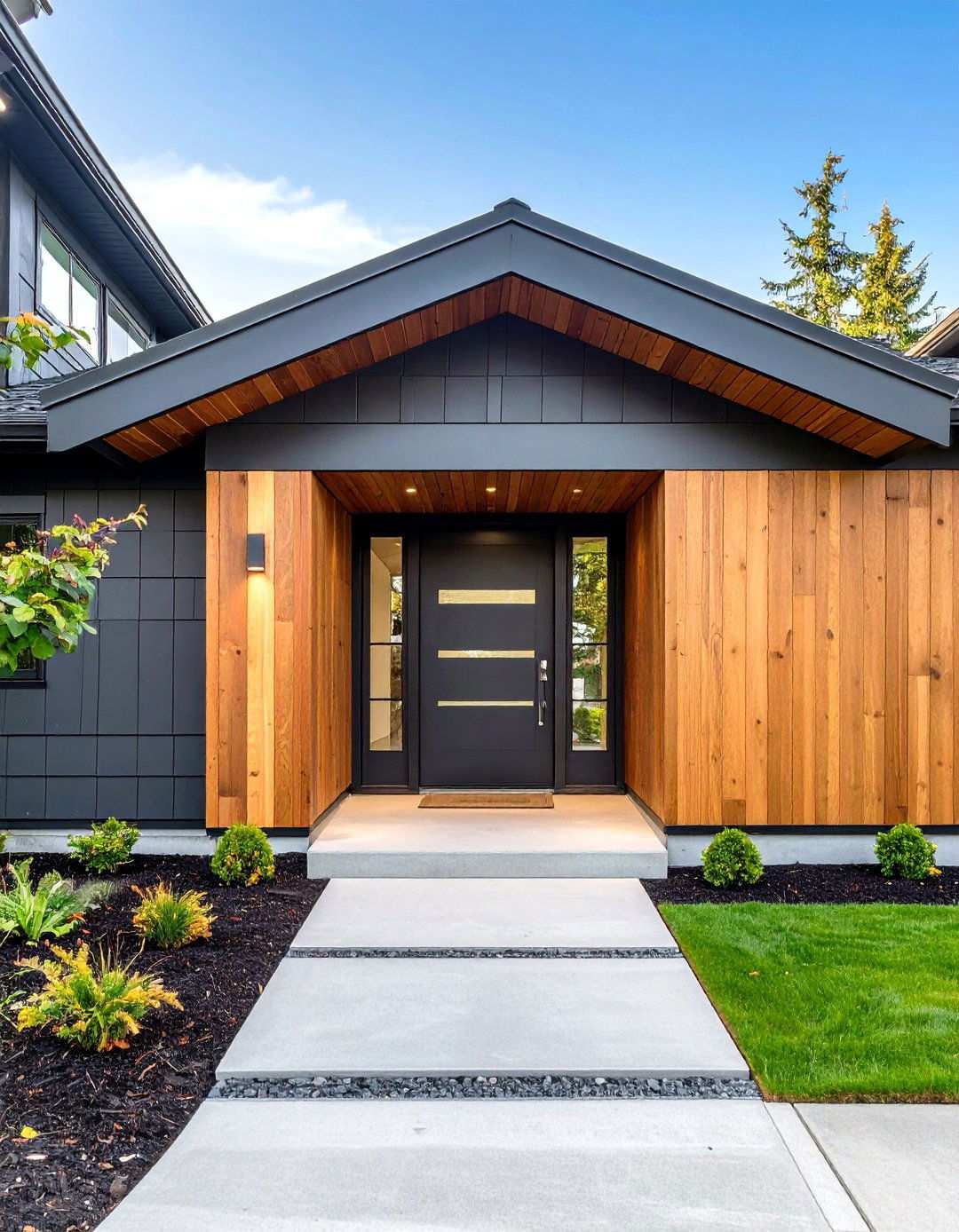 Cedar Entry Wall Adds Depth to Matte Black Cladding - 20 Black House With Cedar Accents