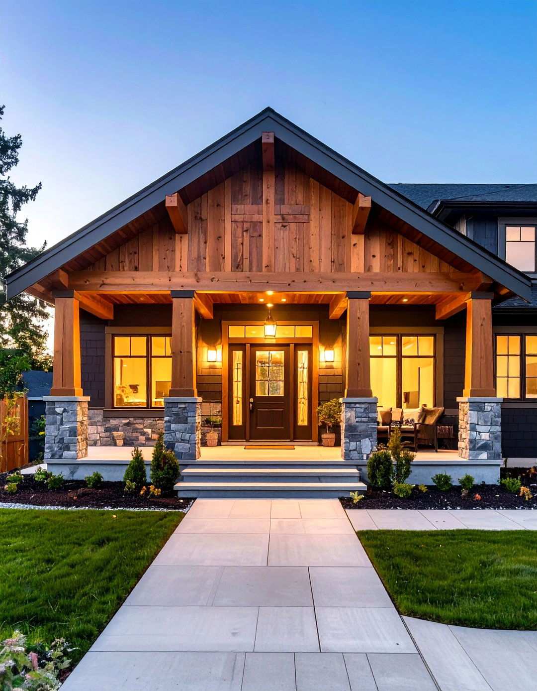 Cedar Framed Porch Welcomes Against Jet Black Siding - 20 Black House With Cedar Accents